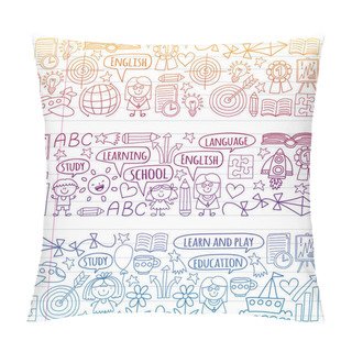 Personality  Vector Set Of Learning English Language, Childrens Drawingicons In Doodle Style. Painted, Colorful, Gradient On A Piece Of Linear Paper On White Background. Pillow Covers