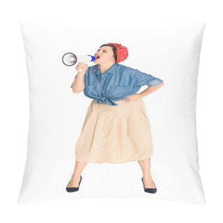 Personality  Full Length View Of Emotional Size Plus Pin Up Model Yelling In Megaphone Isolated On White Pillow Covers