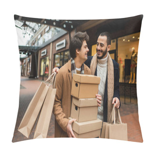 Personality  Bearded Gay Man With Shopping Bags Looking At Happy Boyfriend Holding Shoeboxes Near Blurred Stores On Street Pillow Covers