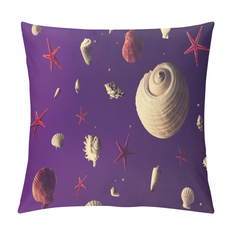 Personality  Creative Abstract Universe Pattern With Planets Made Of Shells And Sea Marine Life On Purple Background, Summer Concept  Pillow Covers