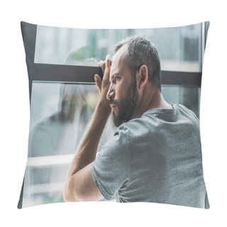 Personality  Upset Bearded Man Leaning At Window And Looking Through It   Pillow Covers