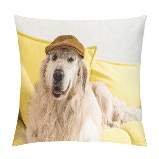 Personality  Cute Golden Retriever Lying On Bright Yellow Sofa In Cap And Glasses Pillow Covers