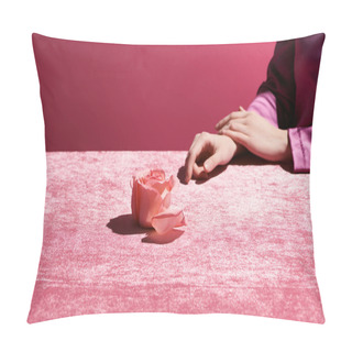 Personality  Cropped View Of Woman Near Rose Flower On Velour Cloth Isolated On Pink, Girlish Concept  Pillow Covers