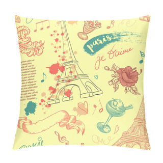 Personality  Paris. Vintage Seamless Pattern With Eiffel Tower, Flowers, Feathers, Cocktails And Text. Retro Hand Drawn Vector Illustration. Pillow Covers