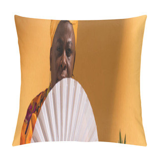 Personality  Serious Middle Aged African American Woman Covering Face With Fan On Orange, Banner Pillow Covers