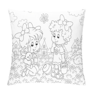 Personality  Cute Little Girls Playing With A Small Toy Rabbit Among Flowers On Grass Of A Lawn Against A Background Of Houses Of A Small Town, Black And White Vector Illustration In A Cartoon Style Pillow Covers