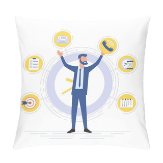 Personality  Businessman Is Standing On A Background Of Office Icons. Multitasking And Time Management Concept. Effective Management Pillow Covers