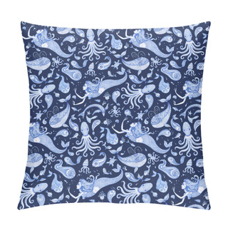 Personality  Seamless Wallpaper Pattern Of Indigo Blue Hand Painted Fairy Tale Sea Animals And Mermaid. Watercolor Fantasy Fish, Octopus, Coral, Sea Shells, Bubbles, Isolated On A Dark Background  Pillow Covers