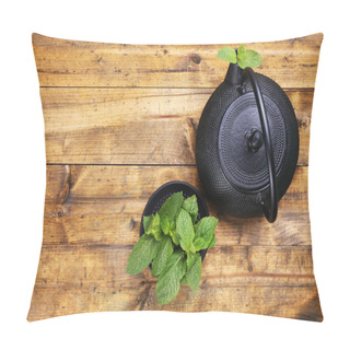 Personality  Chinese Traditional Teapot With Mint Leaves On Wooden Background  Pillow Covers