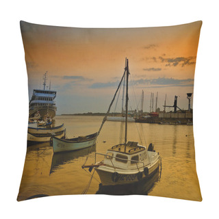 Personality  Fishing Boat On The Water And Dramatic Clouds At Sunrise Pillow Covers