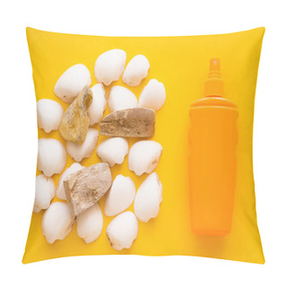 Personality  Top View Of Sunblock Near White Seashells On Yellow Background  Pillow Covers