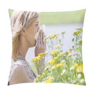 Personality  Woman Blowing Nose Into Tissue In Front Of Flowers Pillow Covers