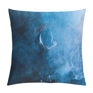 Personality  Cropped View Of Witch Holding Crystal Ball On Dark Blue Background Pillow Covers