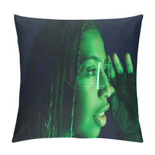 Personality  Portrait Of African American Woman Holding Smart Glasses Isolated On Black  Pillow Covers
