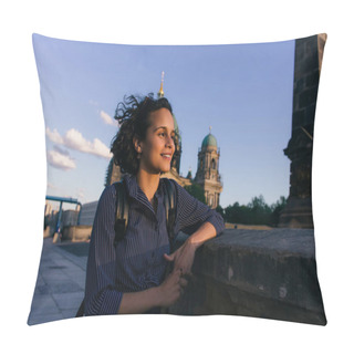 Personality  BERLIN, GERMANY - JULY 14, 2020: Cheerful Young Woman Near Blurred Berlin Cathedral Pillow Covers