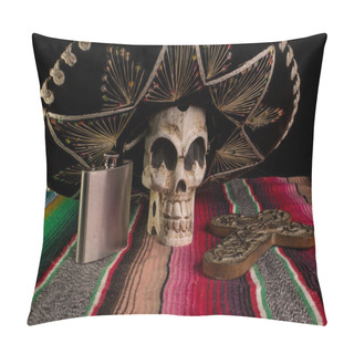 Personality Day Of The Dead Skull, Sombrero, Cross, & Tequila Flask Pillow Covers