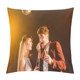 Personality  Happy Young Couple With Champagne Having Fun During Party Under Golden Light Pillow Covers