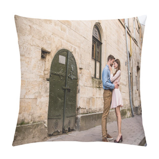 Personality  Couple Of Young Tourists Embracing While Standing Near Old Stone Castle Pillow Covers