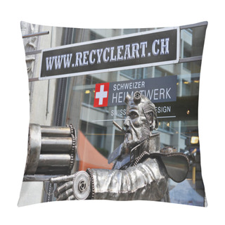 Personality  Zurich, Swiss Confederation August 11, 2018: Welded Metal Sculpture From Waste Machinery Elements At The Entrance To The Exhibition Hall RECYCLEART.CH. Pillow Covers