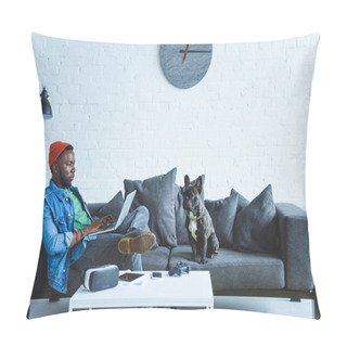 Personality  African American Man Working On Laptop While Sitting On Sofa With Bulldog And Digital Gadgets On Table Pillow Covers