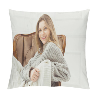 Personality  Smiling Woman Sitting In Vintage Chair, Knees Covered By Blanket Pillow Covers