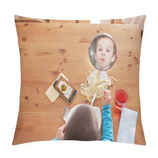 Personality  Sweet Child, Boy, Having For Lunch Spaghetti At Home, Enjoying T Pillow Covers