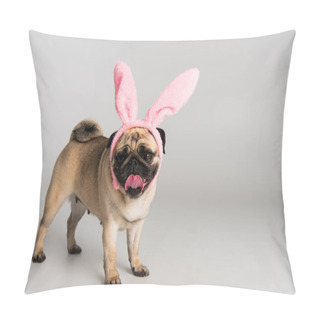 Personality  Cute Pug Dog In Pink Headband With Bunny Ears Standing On Grey Background  Pillow Covers