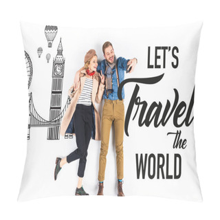 Personality  Elegant Couple Taking Selfie On White Background With Architecture Illustration And Lets Travel The World Lettering  Pillow Covers