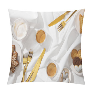 Personality  Top View Of Fresh Cookies With Glaze, Glasses Of Coffee And Cutlery On Wavy White Tablecloth Pillow Covers