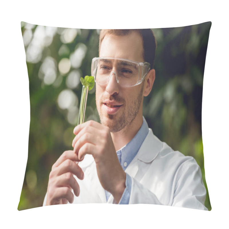 Personality  Smiling Handsome Scientist In White Coat And Goggles Holding Flask With Plant Sample In Orangery Pillow Covers