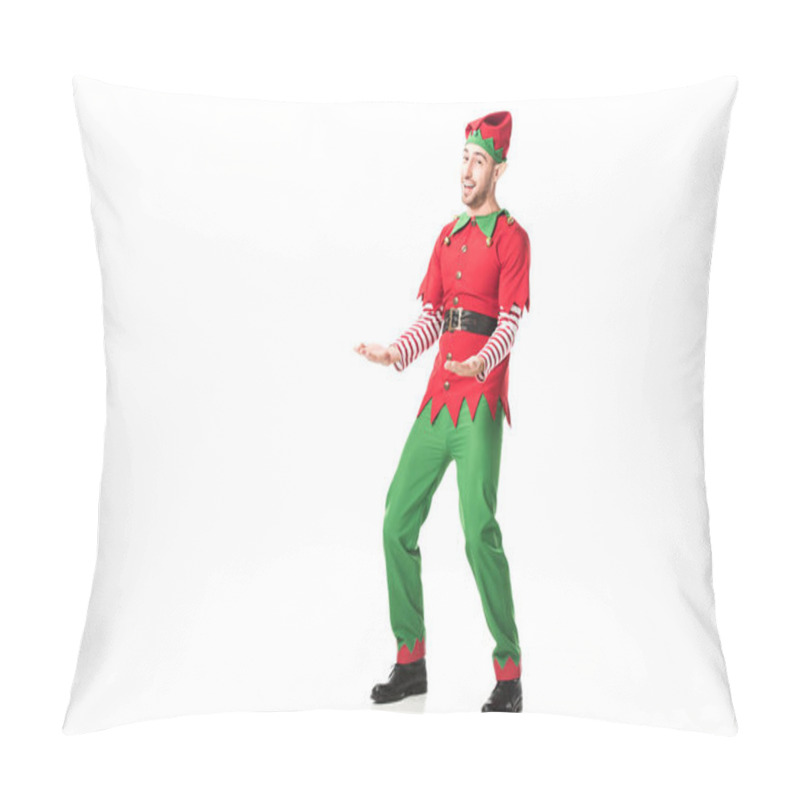 Personality  cheerful man in christmas elf costume outstreching hands in excitement isolated on white pillow covers
