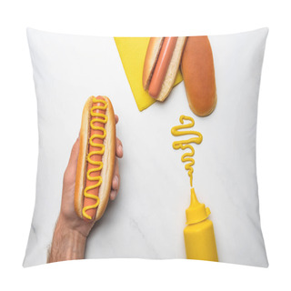 Personality  Cropped Shot Of Man Holding Hot Dog With Mustard On White Marble Surface Pillow Covers