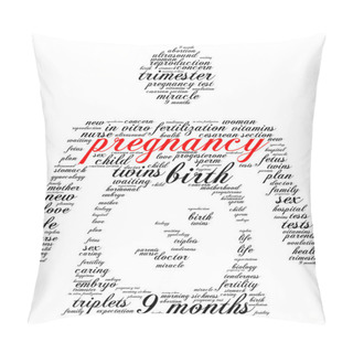 Personality  Pregnancy. Word Cloud, Silhouette Of A Pregnant Woman, Italic Font, White Background. The Miracle Of Birth. Pillow Covers