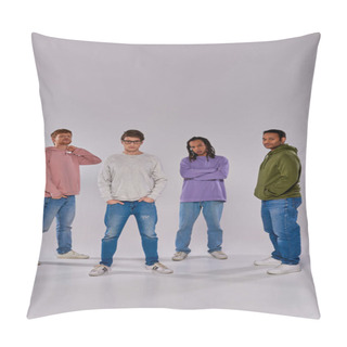Personality  Four Young Friends In Casual Trendy Outfits Standing Looking At Camera On Grey Backdrop, Diversity Pillow Covers