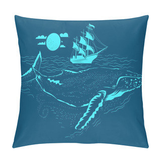 Personality  Whale Illustration Under The Water. Small Ship Above Pillow Covers