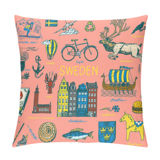 Personality  Symbols Of Sweden In Vintage Style. Retro Sketch With Traditional Signs. Scandinavian Culture, National Entertainment In European Country. Ecology And Processing, Bicycle And Animals, Winter And Cold. Pillow Covers