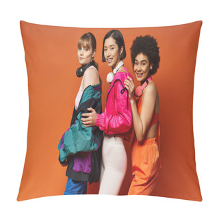 Personality  Three Women Of Different Ethnicities And Styles Standing Together In A Studio With A Vibrant Orange Background. Pillow Covers