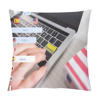 Personality  Cropped View Of Interpreter Pressing Translation Key On Laptop On Blurred Foreground, Illustration Of Translating Application Interface Pillow Covers