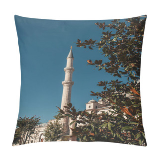 Personality  Green Magnolia Tree Near Mihrimah Sultan Mosque With Minaret Against Blue Sky, Istanbul, Turkey Pillow Covers