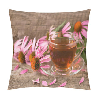 Personality  Cup Of Echinacea Tea On Old Wooden Table Pillow Covers