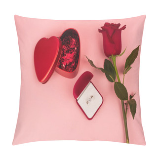 Personality  Top View Of Red Rose Near Box With Heart-shaped Confetti And Engagement Ring On Pink  Pillow Covers