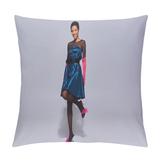Personality  Full Length Of Positive African American Woman In Pink Gloves, Cocktail Dress And Feathered Shoes Posing And Standing On Grey Background, Modern Generation Z Fashion Concept Pillow Covers