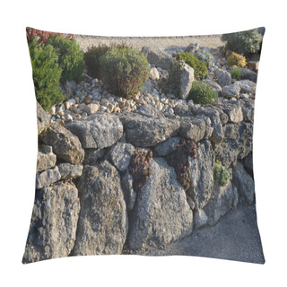 Personality  Dry Gray Wall, Folded Boulders Without The Use Of Cement. The Art Of Folded Retaining Walls. Very Colorful Rock Gardens Like The Rocky Environment. Garden Architecture Pillow Covers