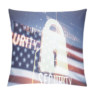 Personality  Virtual Creative Lock Symbol And Microcircuit Illustration On USA Flag And Sunset Sky Background. Protection And Firewall Concept. Multiexposure Pillow Covers