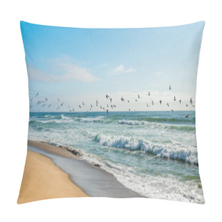 Personality  Flock Of Pelicans Flying Over The Ocean, Pacific Coastline, California Pillow Covers