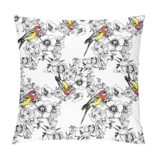 Personality  Exotic Birds Parrot With Flowers Colorful Seamless Pattern. Watercolor Illustration. Pillow Covers