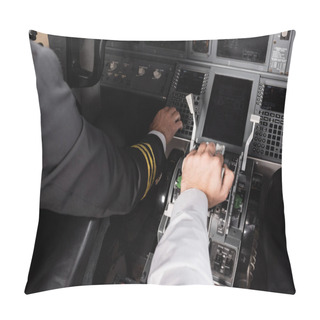 Personality  High Angle View Of Co-pilot Using Thrust Lever Near Captain In Airplane Simulator Pillow Covers