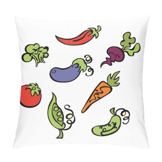 Personality  Vegetables: Tomatoes, Eggplant, Peas, Cucumber, Carrots, Beets, Broccoli And Hot Pepper. Isolated Vector Objects On White Background. Pillow Covers