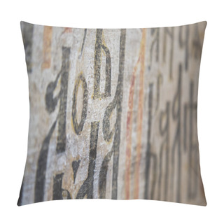 Personality  Fragment Of The Cyrillic Old Slavic Letter On The Wall In The Temple. Selected Focus Pillow Covers