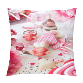 Personality  Yummy Sweets In A Heart Shape And Fesh Pink Tulips Pillow Covers